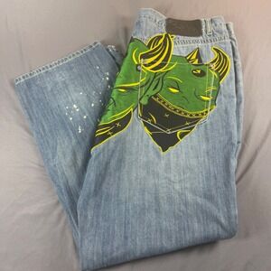 Eight 732 Mens Baggy Denim Jeans 42x34 Blue Oni Demon Embroidered Y2K Streetwear